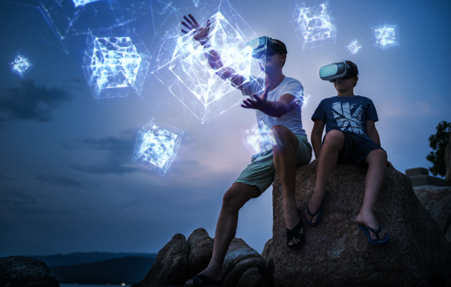 Father and son with virtual reality googles and simulated view